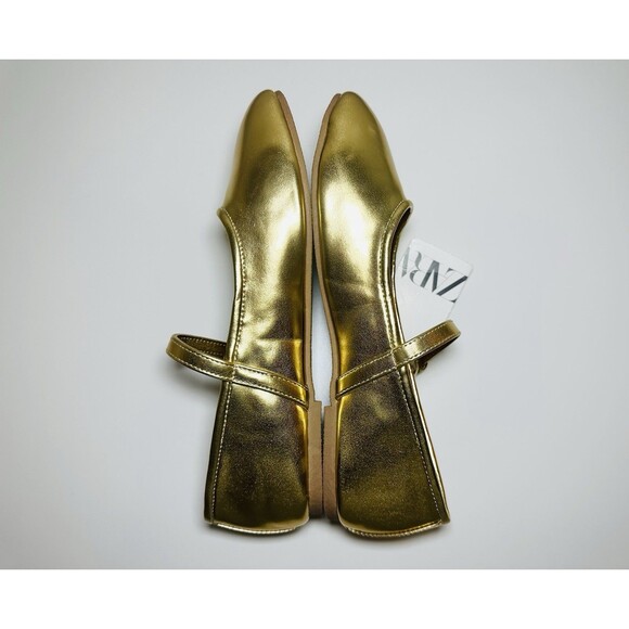 ZARA‎ Gold Mary Jane Ballet Flats Metallic Shoes Women US 7.5 EU 38 NEW - Picture 5 of 11